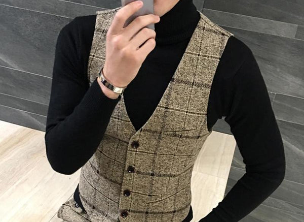 Men's Thick Woolen Vest - Plaid Design