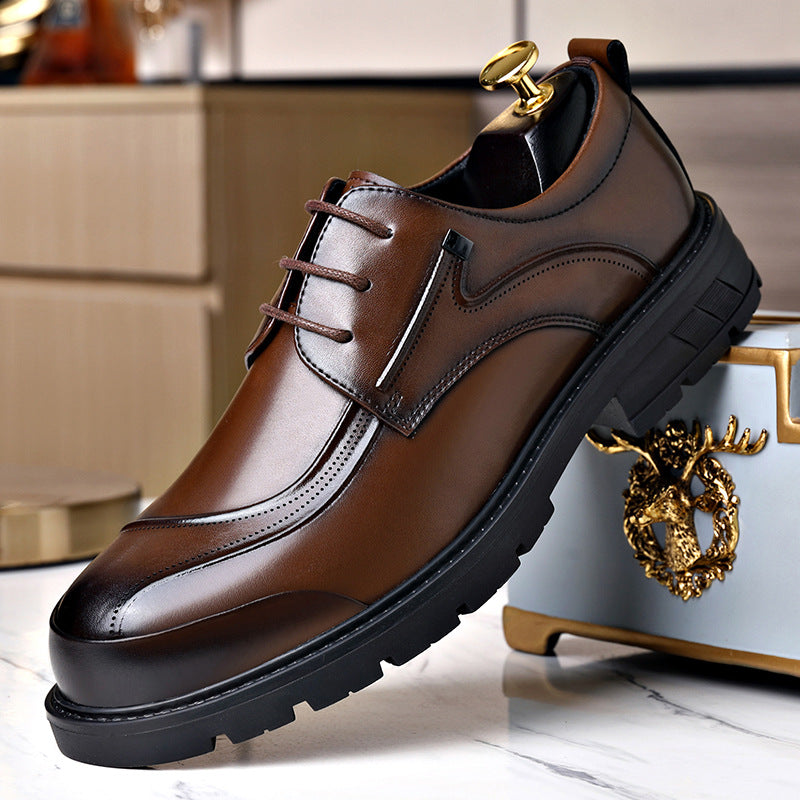 Men's Brown Leather Formal Shoes, British Style, Thick Sole
