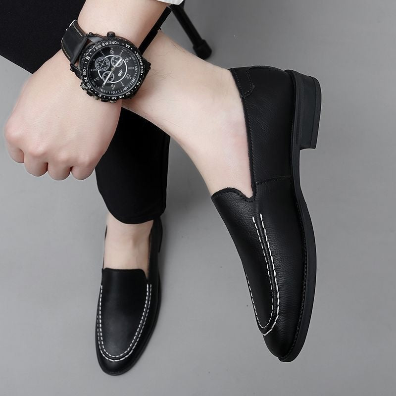 Bean shoesmencasual small leather shoes slip-on breathable pointed toe trendy lazy driving shoes 36 2