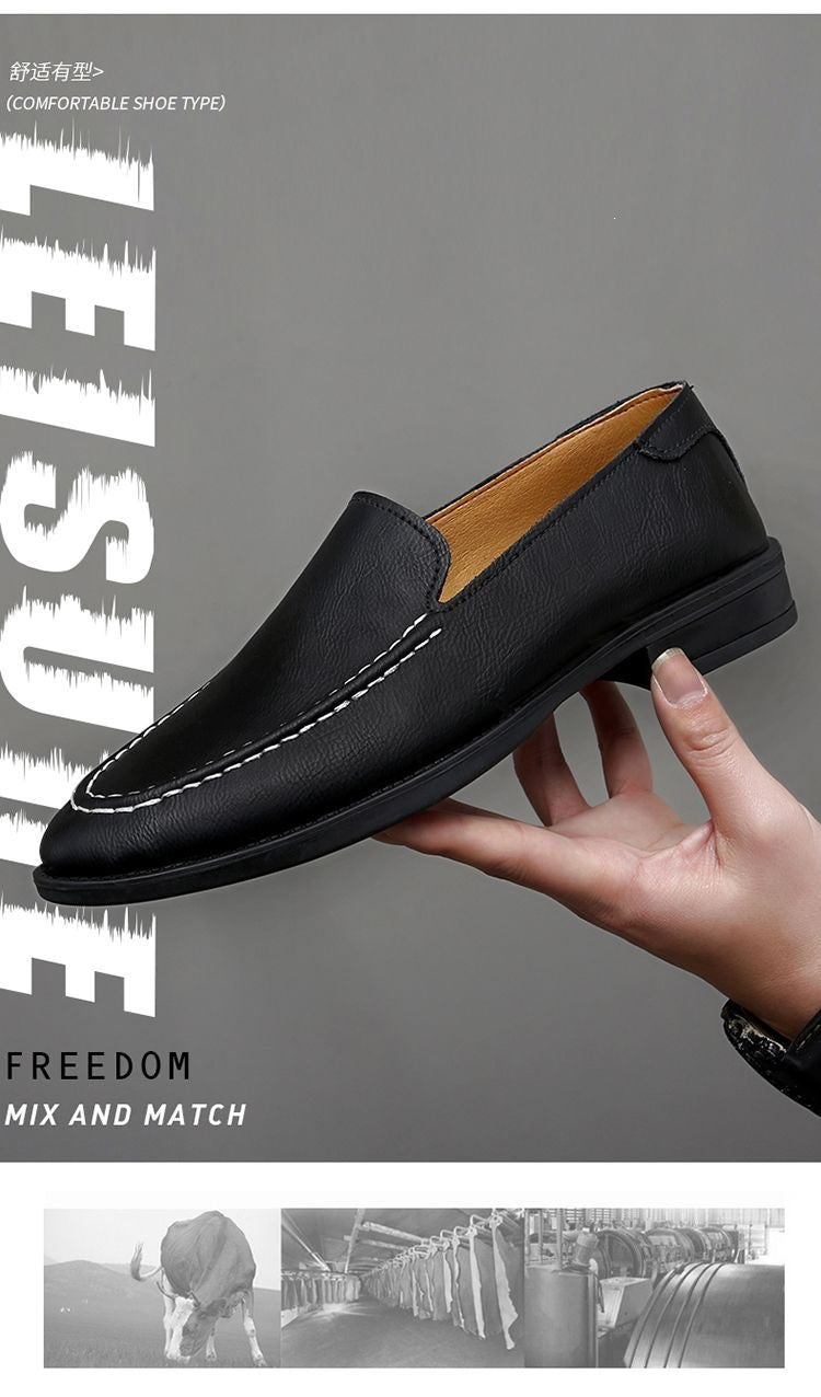 Bean shoesmencasual small leather shoes slip-on breathable pointed toe trendy lazy driving shoes 36 8