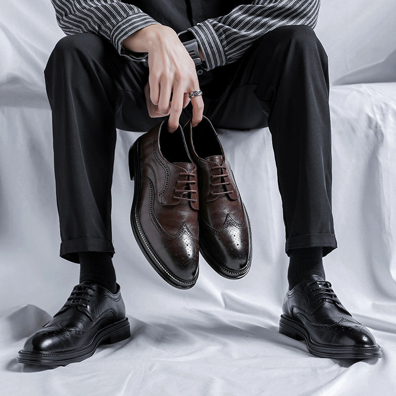 2023 men's black business formal leather shoes, men's thick-soled casual british style groom wedding 2