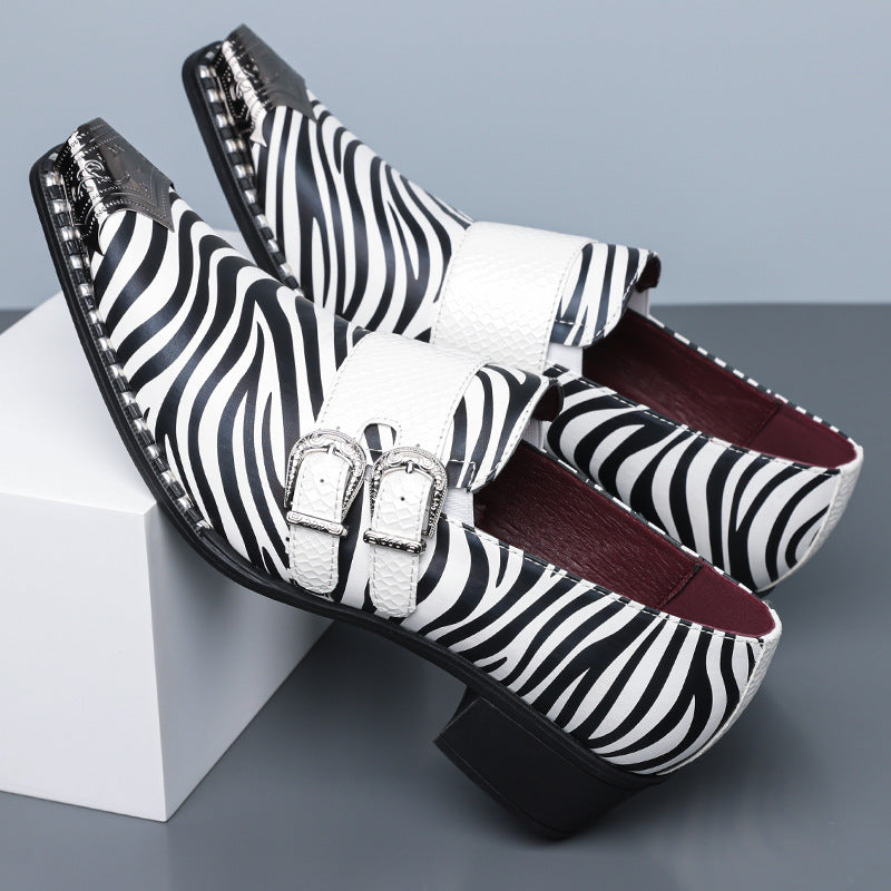 Amazon's best-selling cross-border zebra pattern iron toe double buckle leather shoes men's business