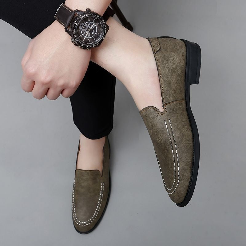 Bean shoesmencasual small leather shoes slip-on breathable pointed toe trendy lazy driving shoes 36 7