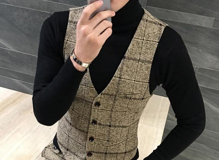 Men's Thick Woolen Vest - Plaid Design